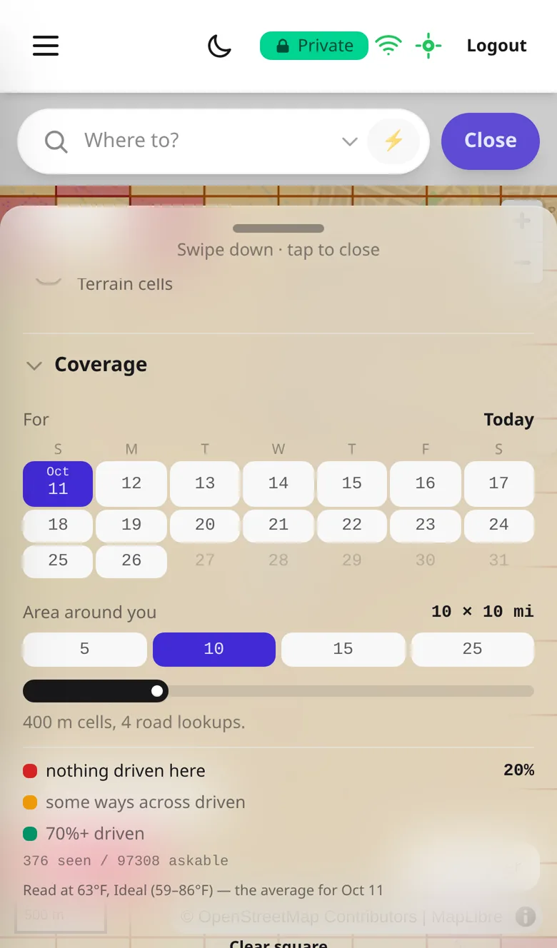 Caching a region: a calendar to pick the day, sizes from 5 to 25 miles, and the temperature the region was read at