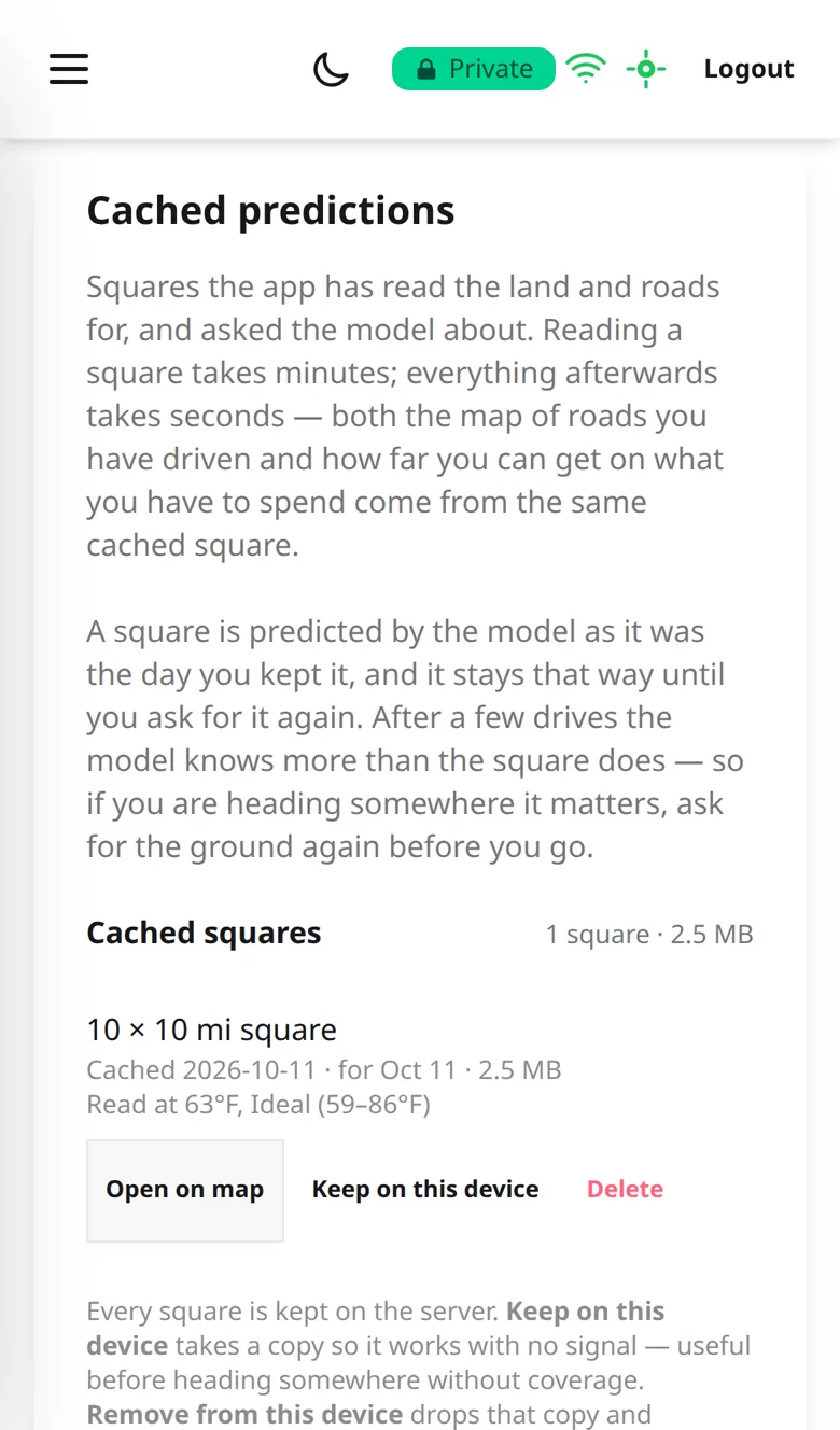 The Cached Maps page listing one 10 by 10 mile region with Open on map, Keep on this device and Delete