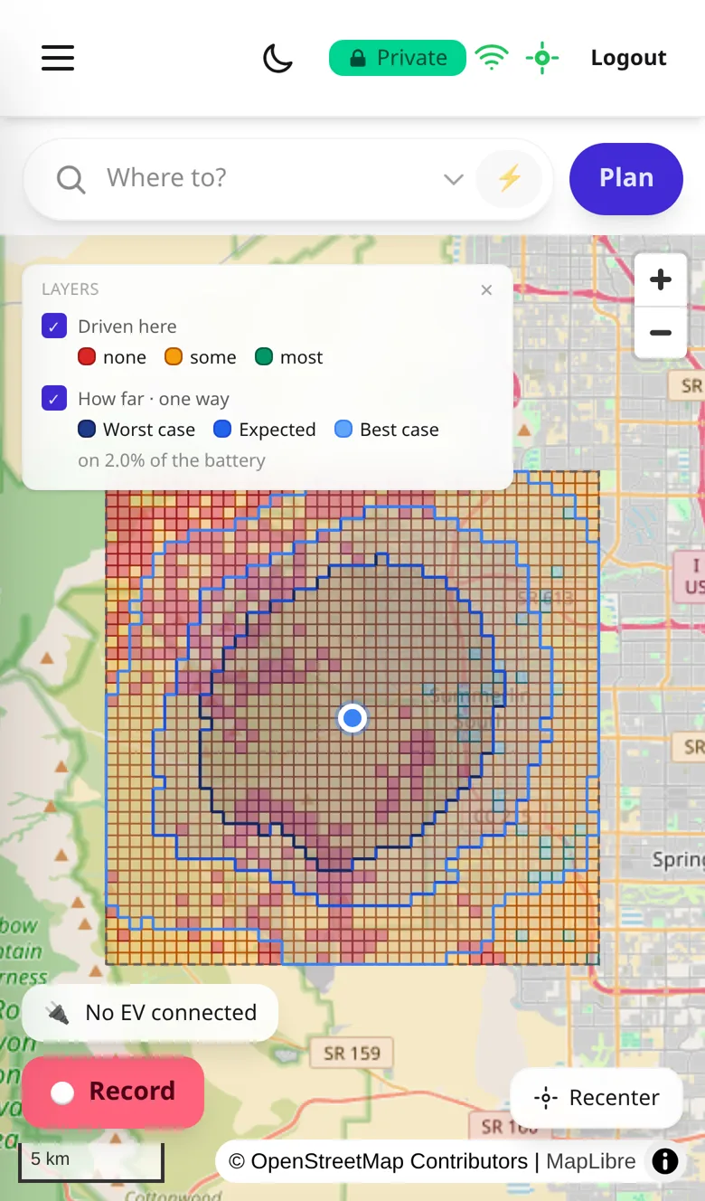 Map of a cached region with three contours around the driver and the Layers key open: Driven here (none, some, most) and How far, one way (worst case, expected, best case) on 2.0% of the battery