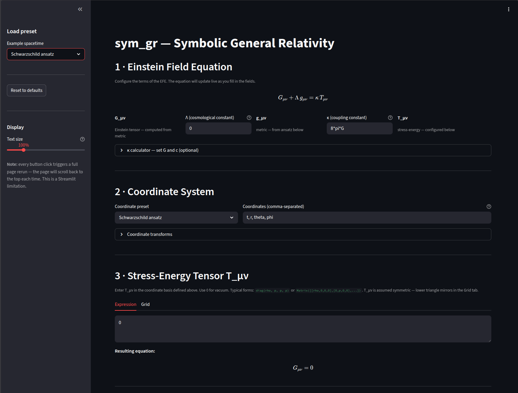 sym_gr live app — Einstein Field Equation builder